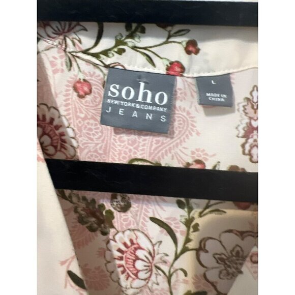 Soho New York & Co Jeans Sz L Floral Print Blouse Tie Front Crossover Hem - Picture 3 of 10